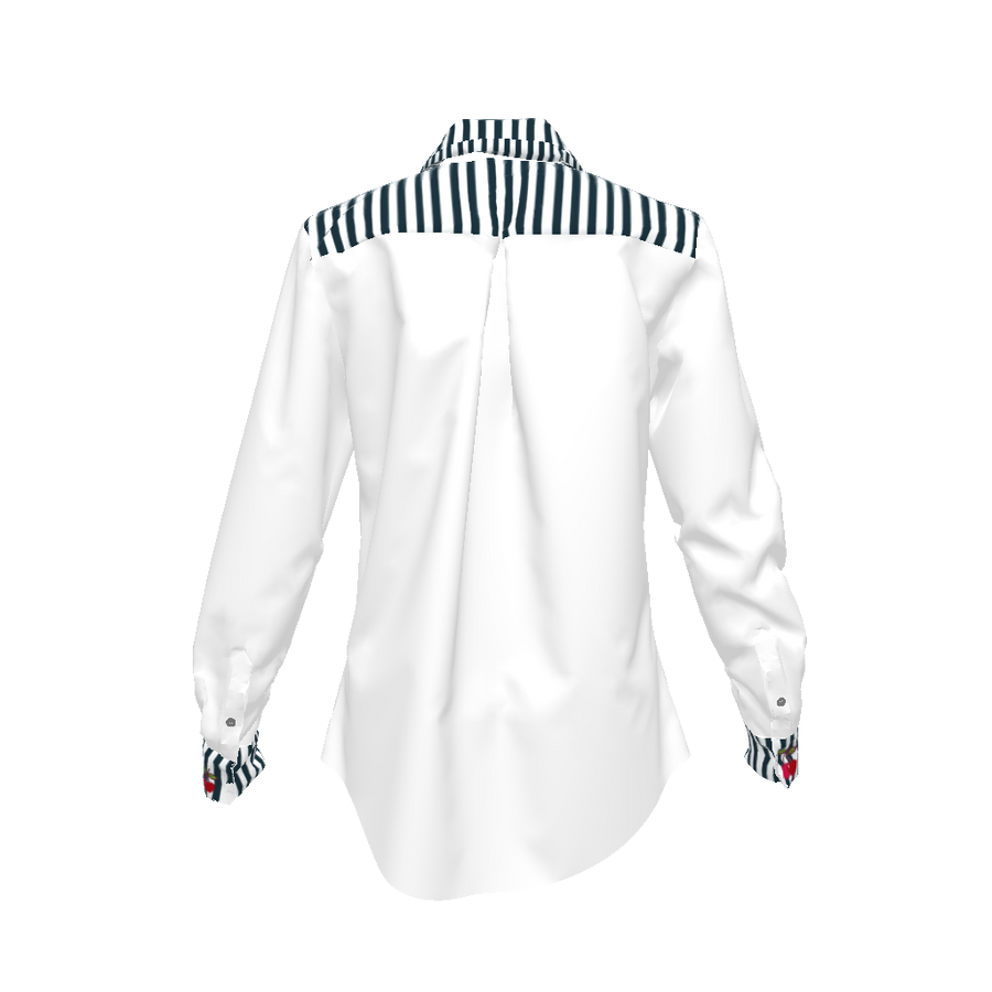 WHITE WOMENS BUTTON FRONT SHIRT WITH NAVY STRIPES