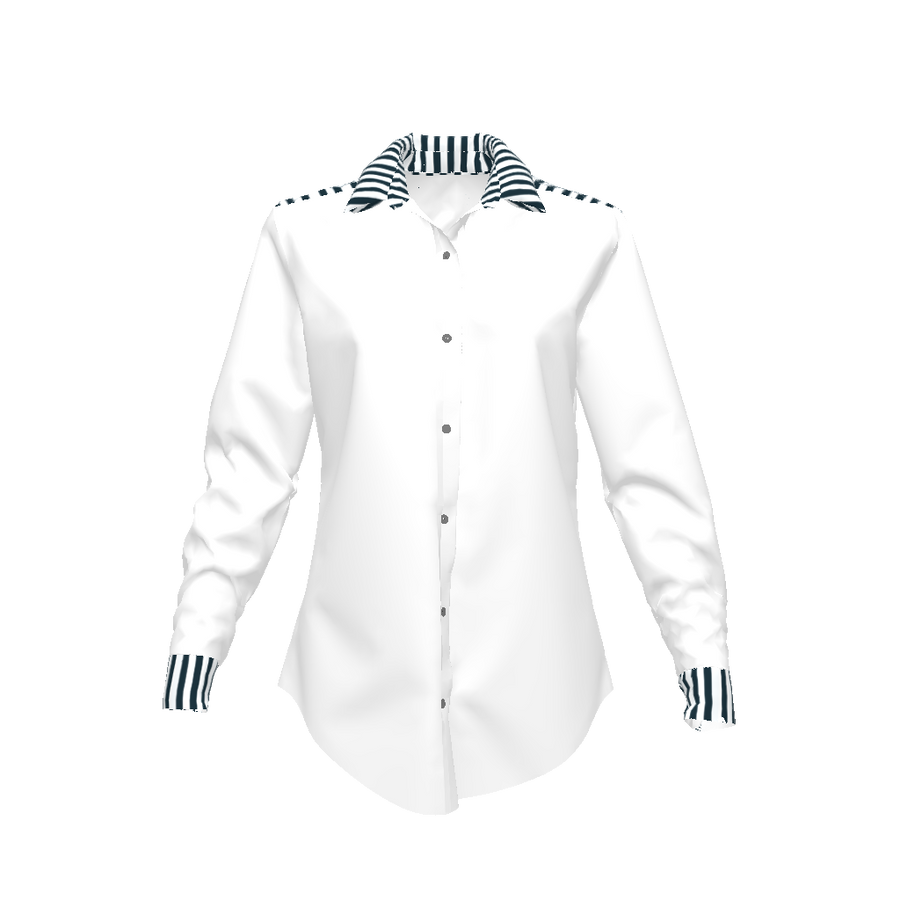 WHITE WOMENS BUTTON FRONT SHIRT WITH NAVY STRIPES