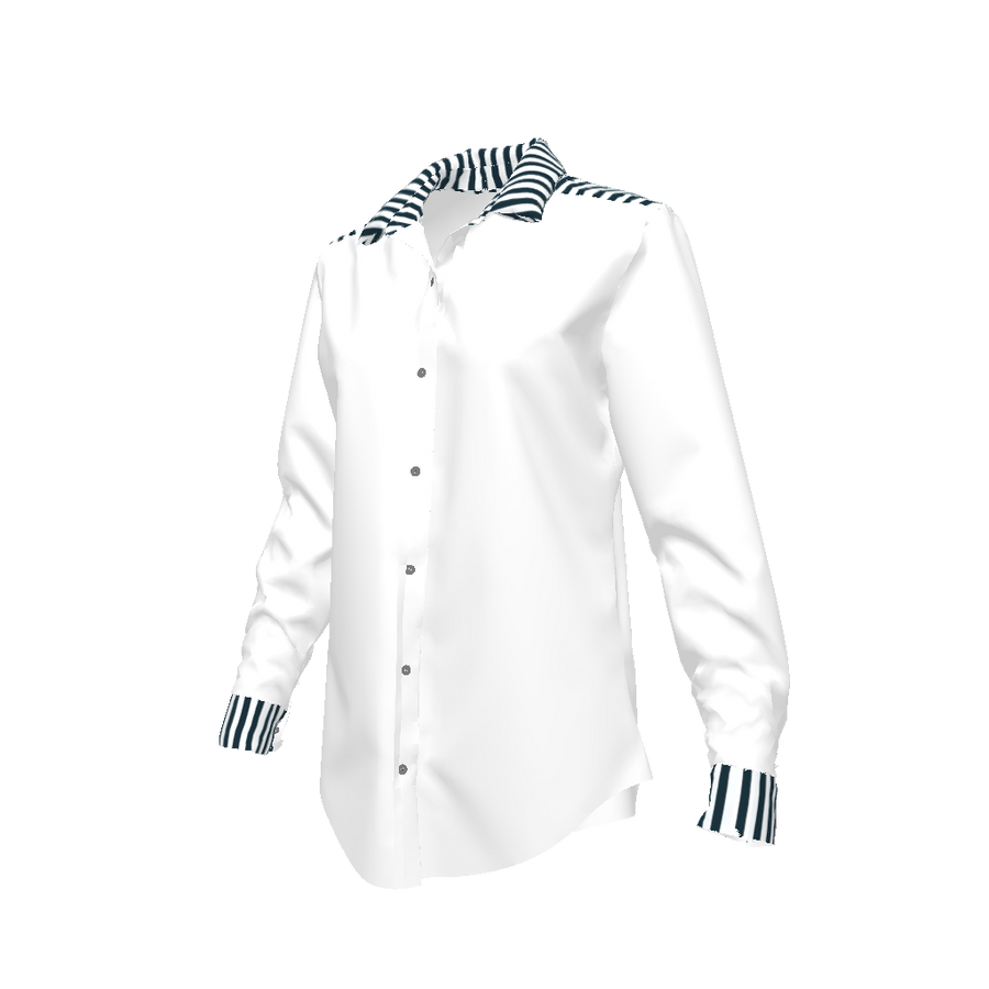 WHITE WOMENS BUTTON FRONT SHIRT WITH NAVY STRIPES