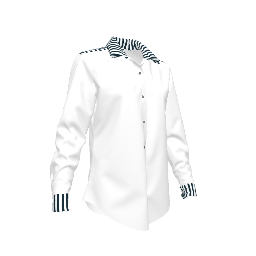 WHITE WOMENS BUTTON FRONT SHIRT WITH NAVY STRIPES